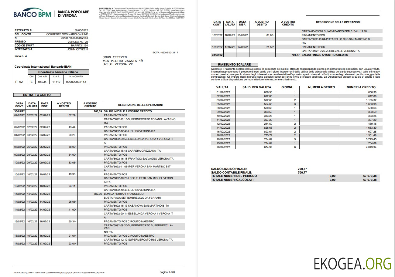 Relevé bancaire Italie Banco BPM 8 pages